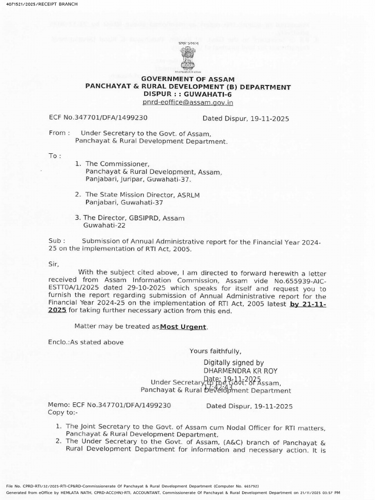 RTI Receipt for CPRD Department 2025 | PDF