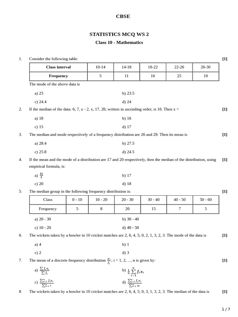 CBSE Class 10 Statistics MCQs Worksheet | PDF | Mode (Statistics ...