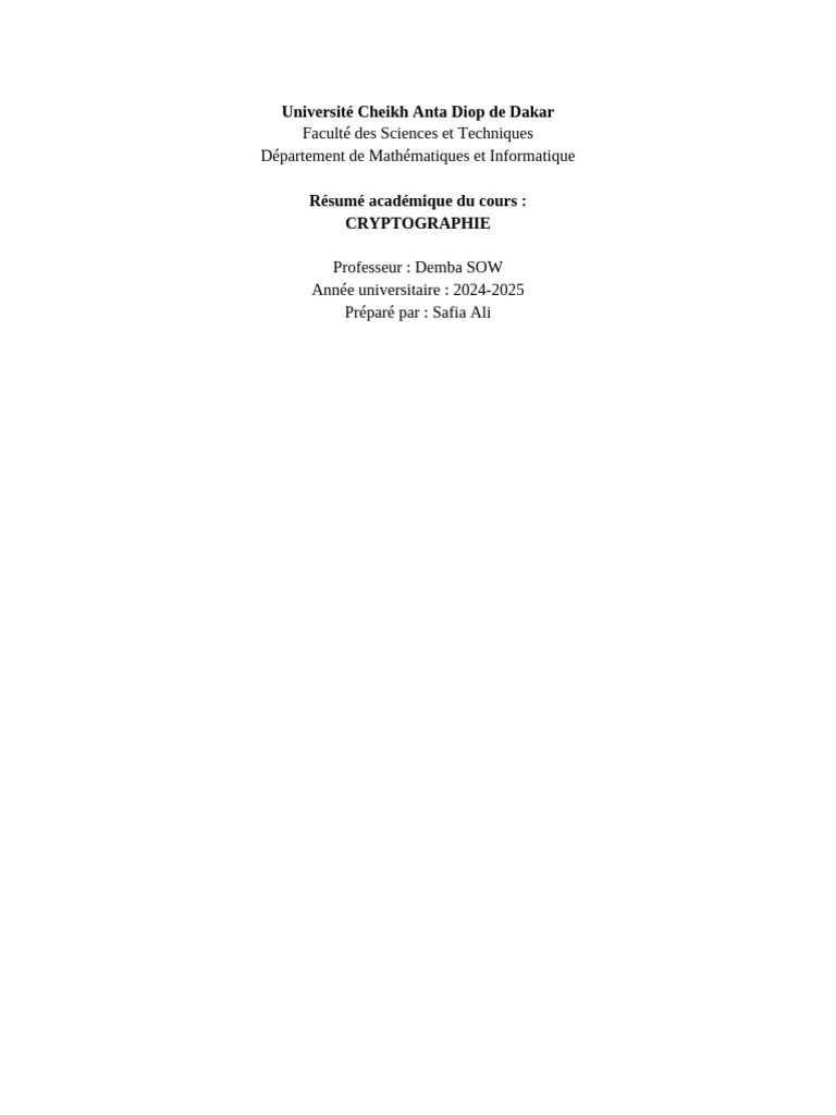 Cours de Cryptographie - UCAD 2024-2025 | PDF | Public-key cryptography ...