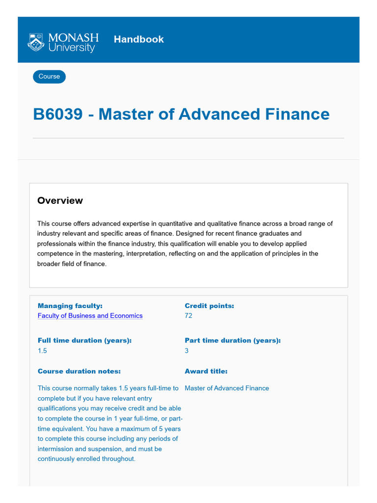 Master of Advanced Finance Overview | PDF | Academic Degree | Economies