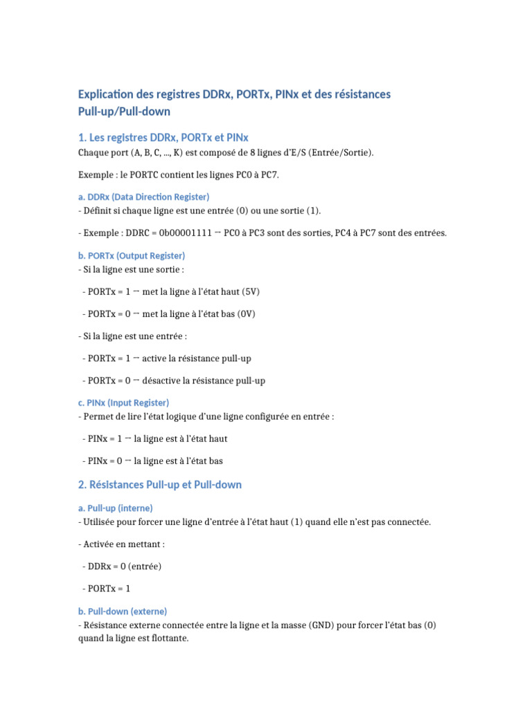 Registres DDRx, PORTx, PINx et Pull-up | PDF