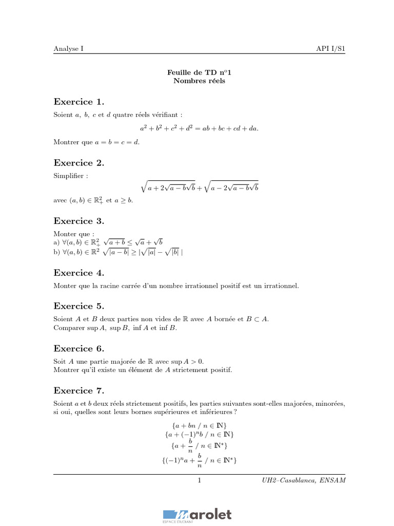 TD1 - Nombres Réels, Analyse 1 2020 2021 | PDF | Mathématiques ...
