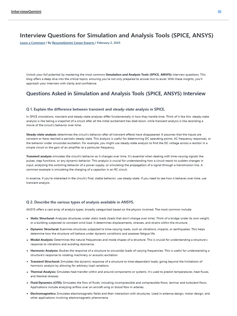 Interview Questions For Simulation and Analysis Tools (SPICE, ANSYS ...