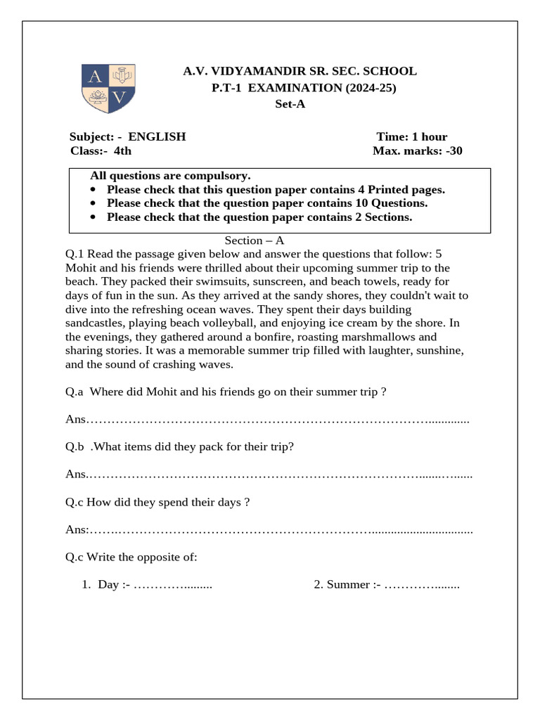 Class 4 English Exam Paper 2024-25 | PDF
