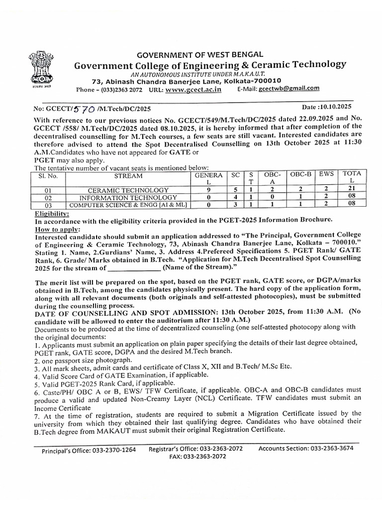 GCECT Notice For MTech Spot Decentralised Counseling 2025 | PDF