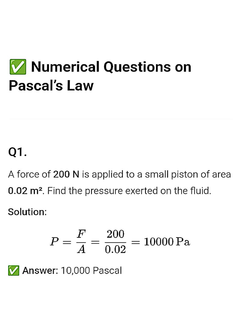 Pascal's Law MCQs & Numericals | PDF