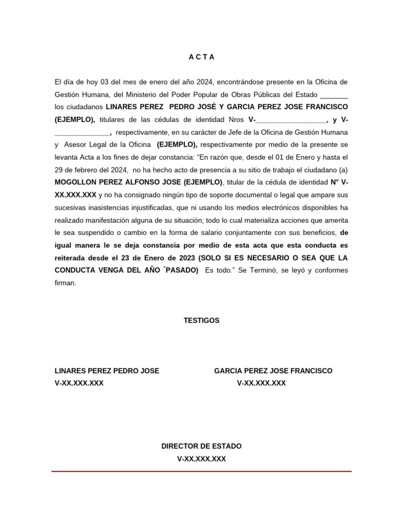 Acta de Inasistencia Laboral 2024 | PDF