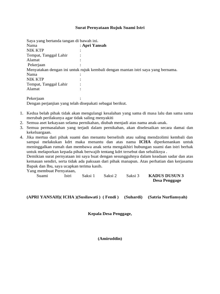 Surat Rujuk Suami Istri Resmi | PDF