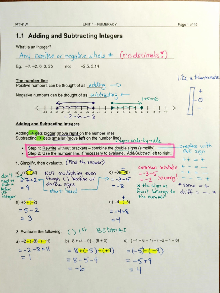 1.1 Adding and Subtracting Integers Note | PDF
