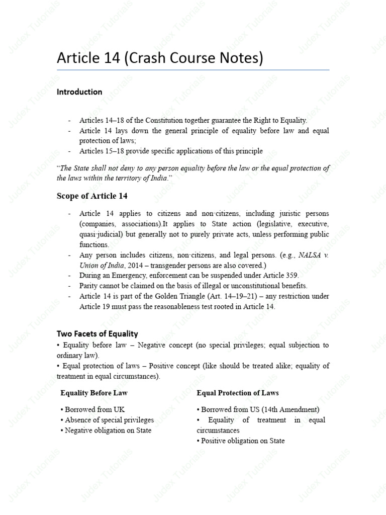 Article 14 (Crash Course Notes) - 251014 - 193555 | PDF | Rule Of Law ...