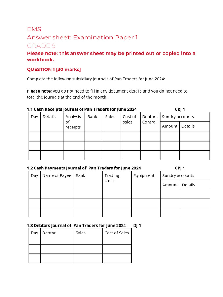 Grade 9 EMS Exam Answer Sheet | PDF