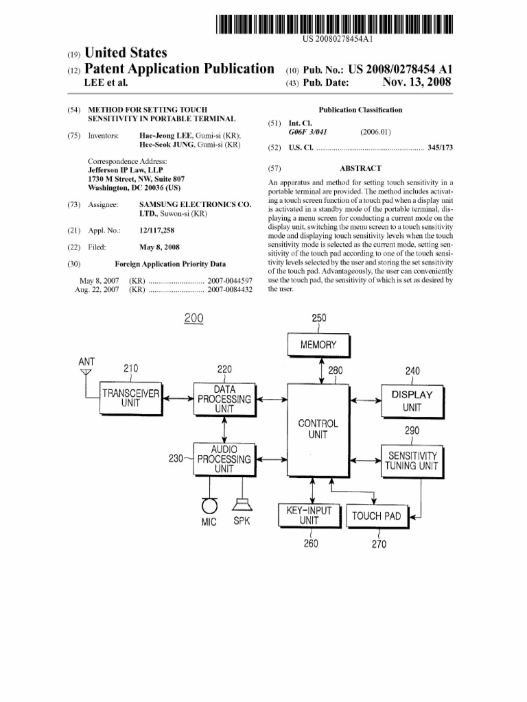 US20080278454A1 | PDF | Touchscreen | Menu (Computing)
