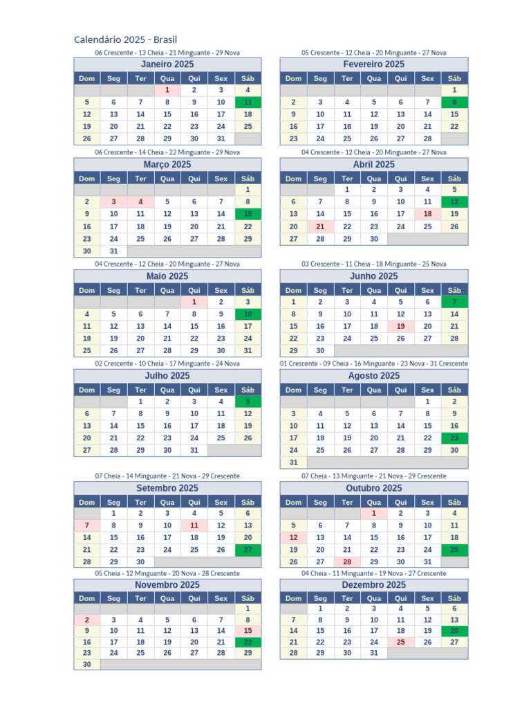 Calendário 2025 Brasil: Fases da Lua | PDF