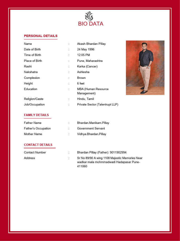 Bio Data Akash Pillay | PDF