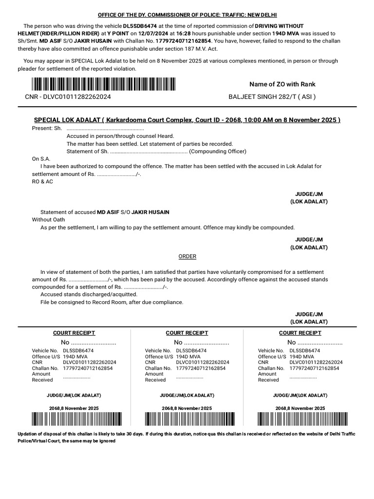 Traffic Violation Settlement Notice: New Delhi | PDF | Government | Crimes