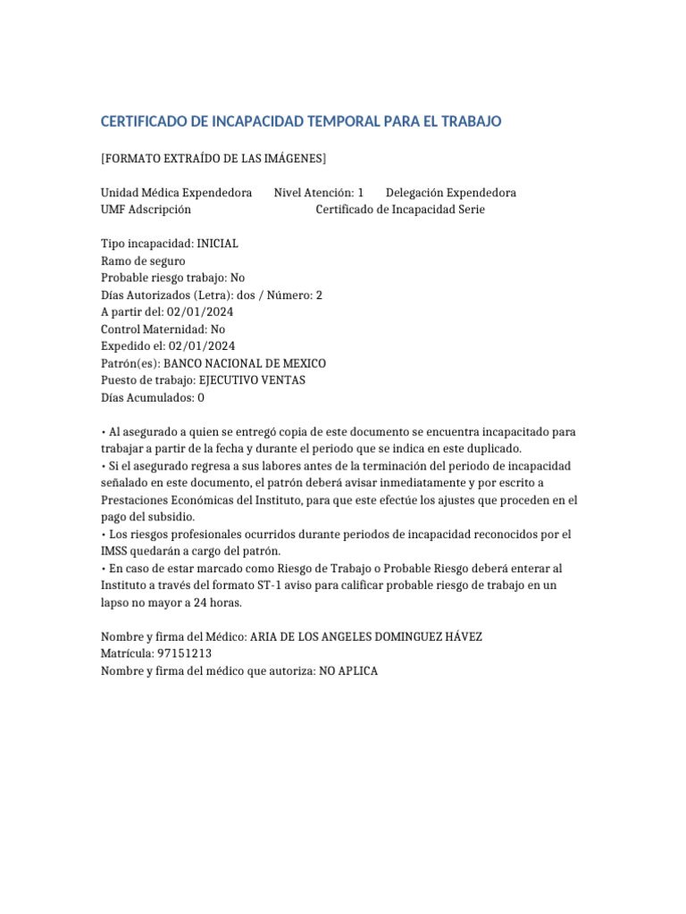 Certificado de Incapacidad Temporal | PDF
