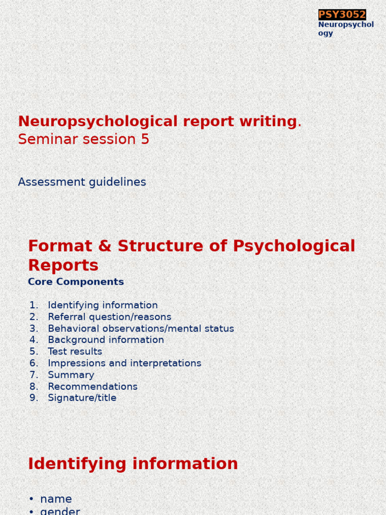 Neuropsychological Report Writing Guide | PDF | Dementia | Neuropsychology
