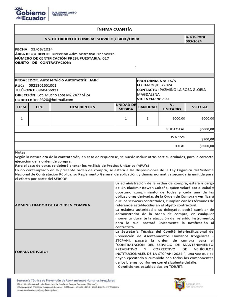 Orden de Compra Mantenimiento Corregida | PDF | Presupuesto