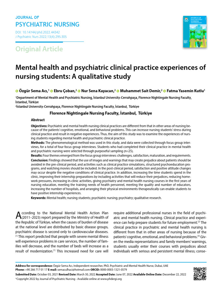 Nursing Students' Mental Health Experiences | PDF | Psychiatry | Mental ...