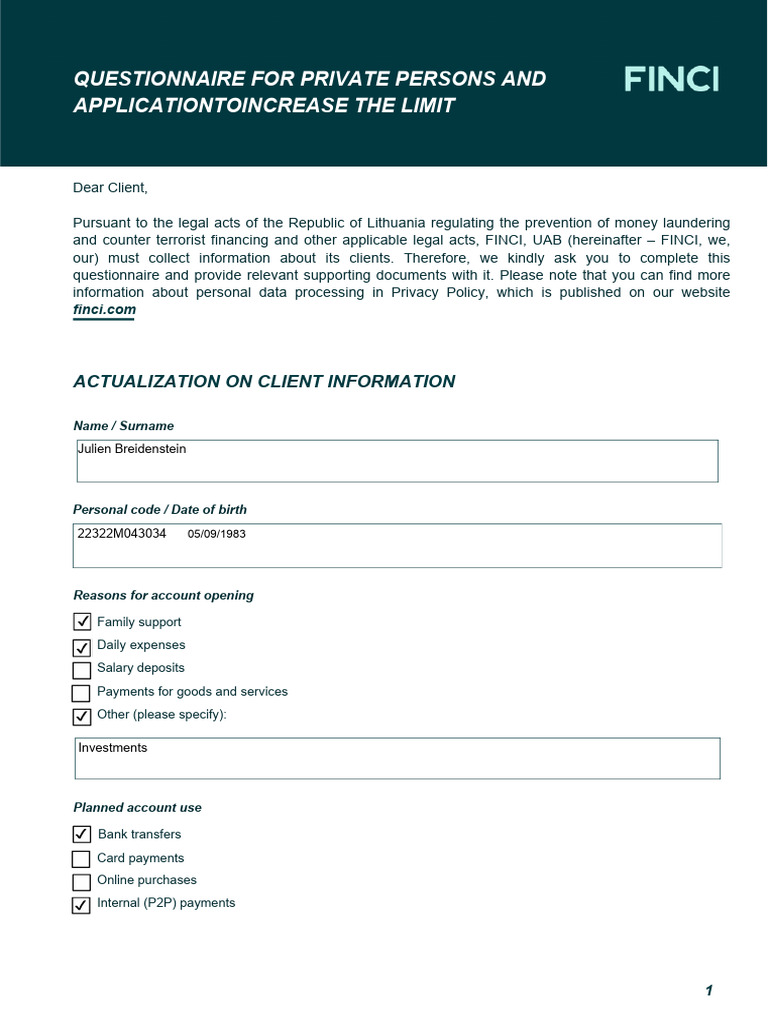 ENG Questionnaire Privates Application Increase The Limit A1 | PDF ...