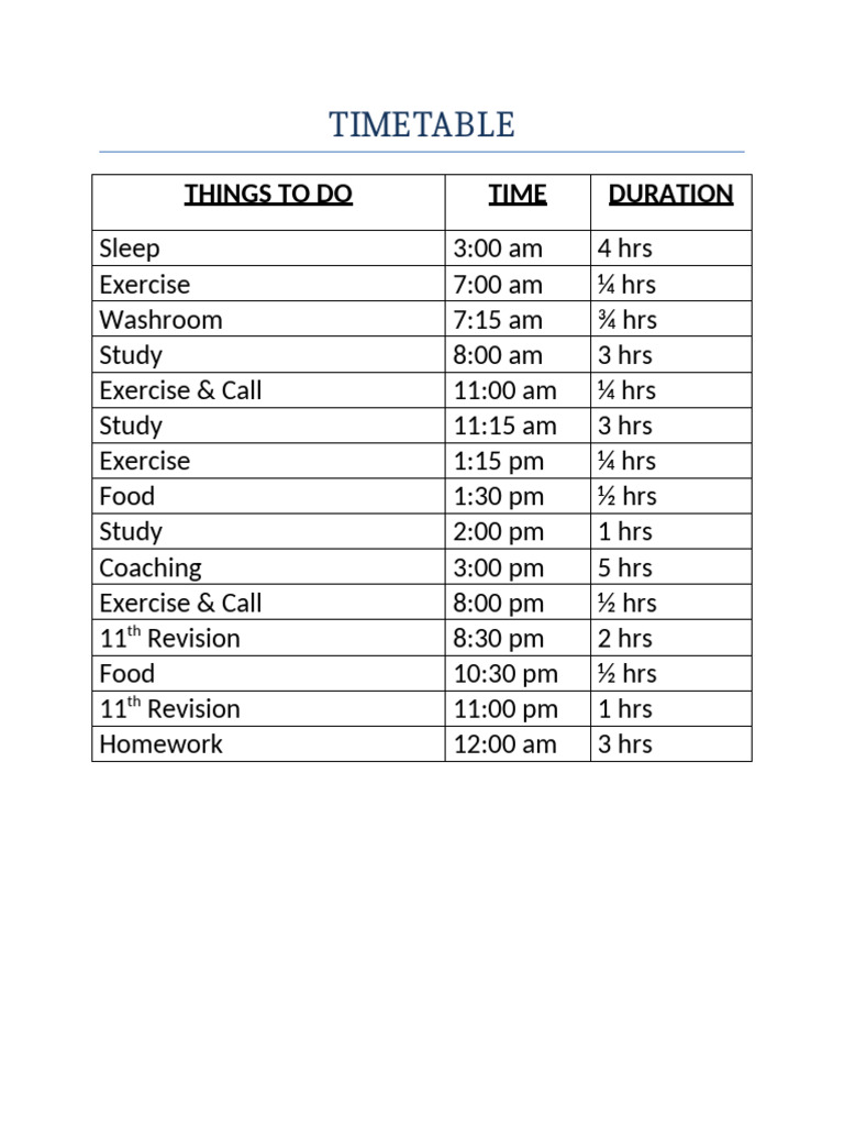Daily Study and Exercise Timetable | PDF