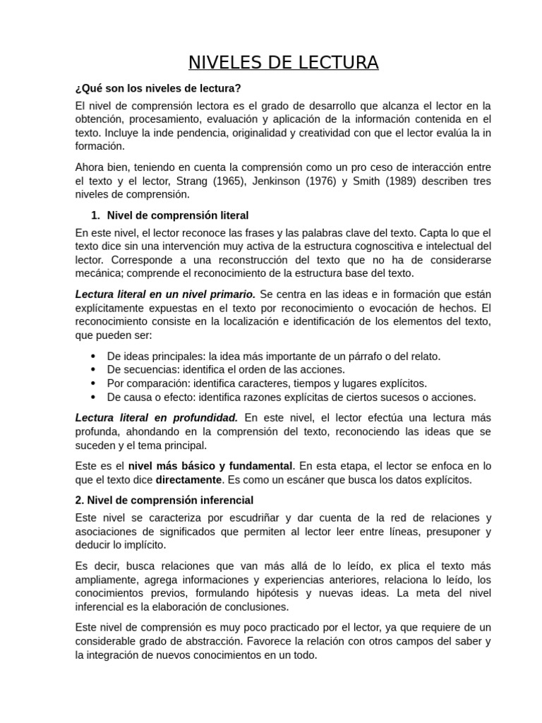 Niveles de Comprensión Lectora | PDF | Inferencia | Comprensión lectora