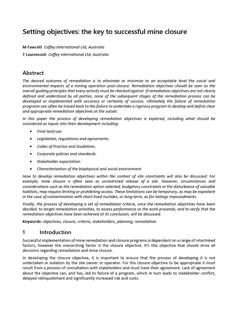 Key Objectives for Successful Mine Closure | PDF | Mining | Earth Sciences