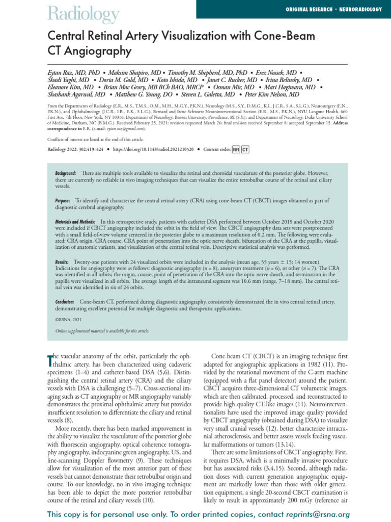 Raz Et Al 2021 Central Retinal Artery Visualization With Cone Beam CT ...