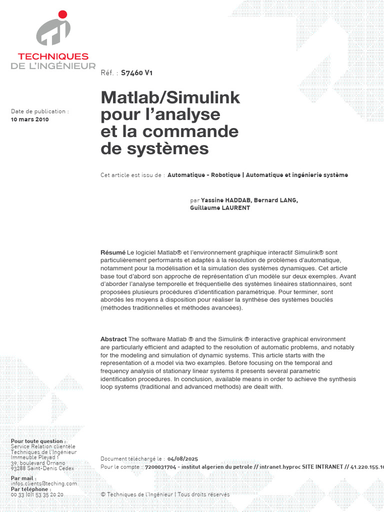 Analyse et commande avec Matlab/Simulink | PDF | Régulation | Informatique