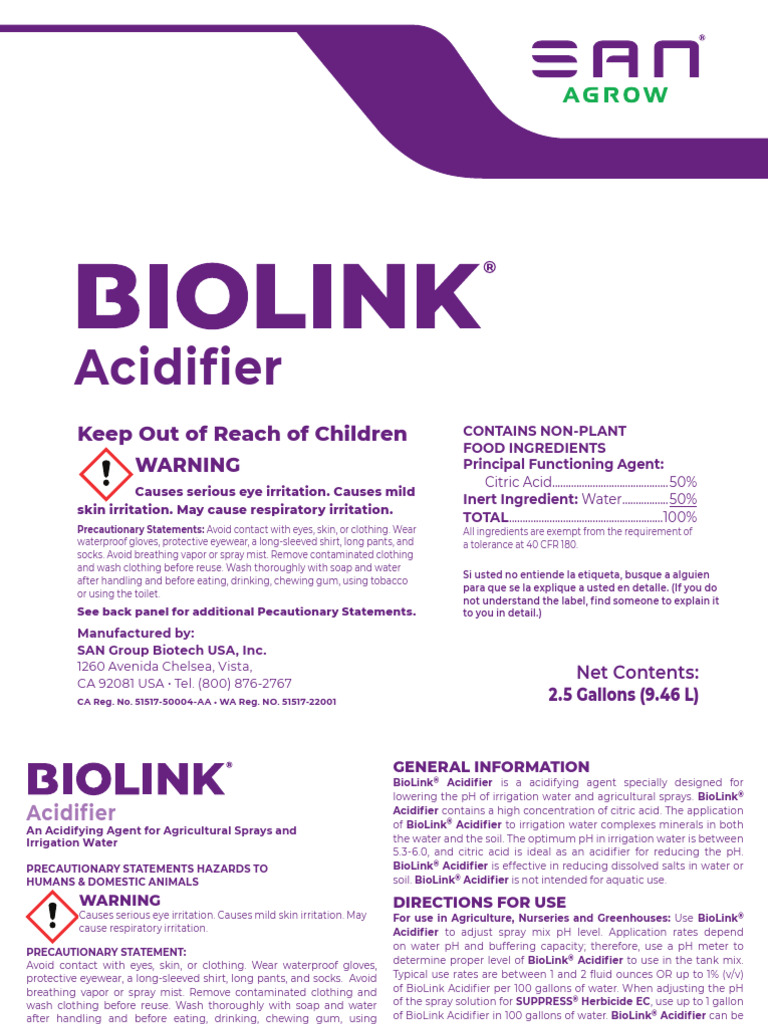 BioLink® Acidifier for Agriculture Use | PDF | Water