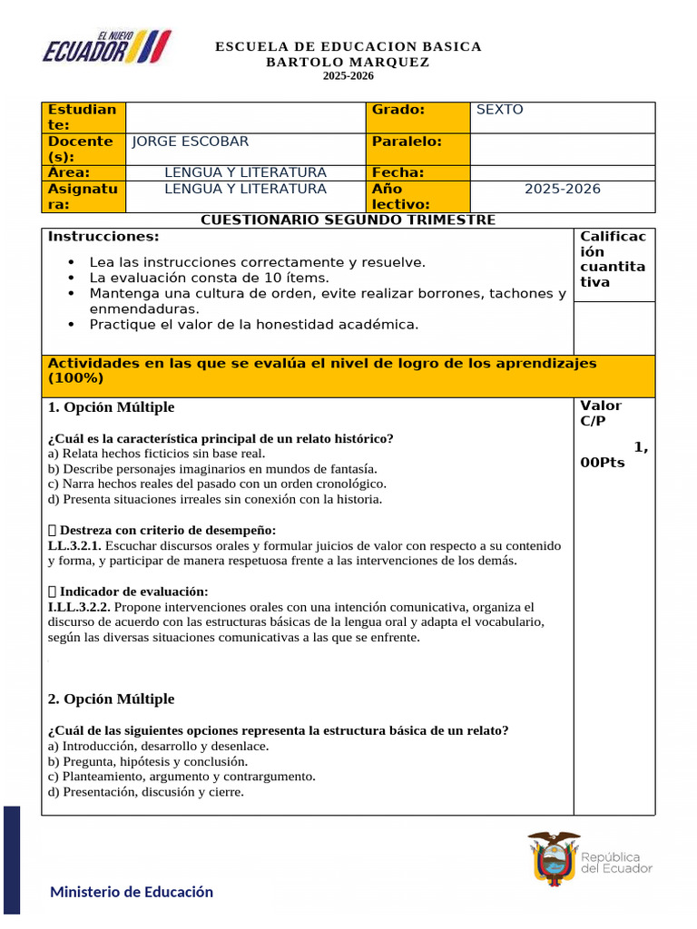 Cuestionario de Lengua y Literatura 6to | PDF | Léxico | Educación primaria