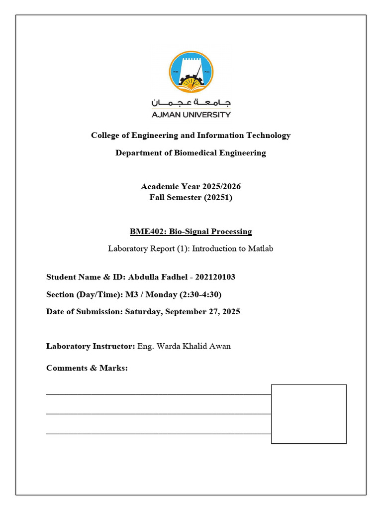 Biosignals Lab Report 1- Introduction to Matlab | PDF | Matlab ...