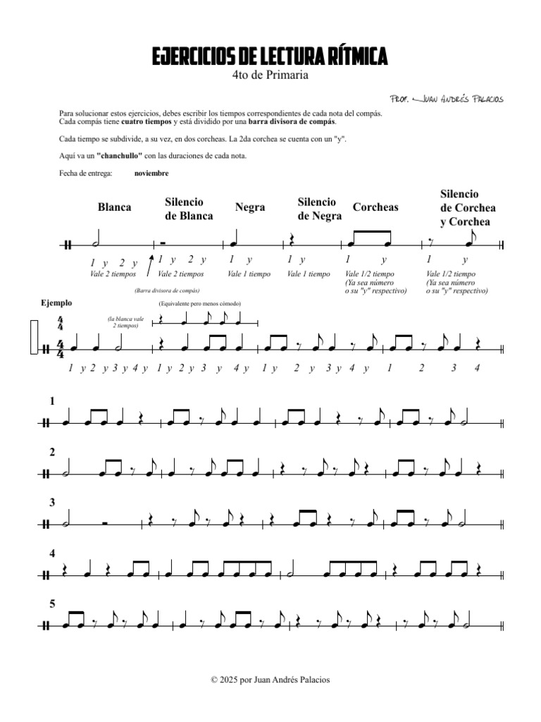 Ejercicios de Lectura RÍtmica - 4to Primaria - Partitura Completa | PDF ...