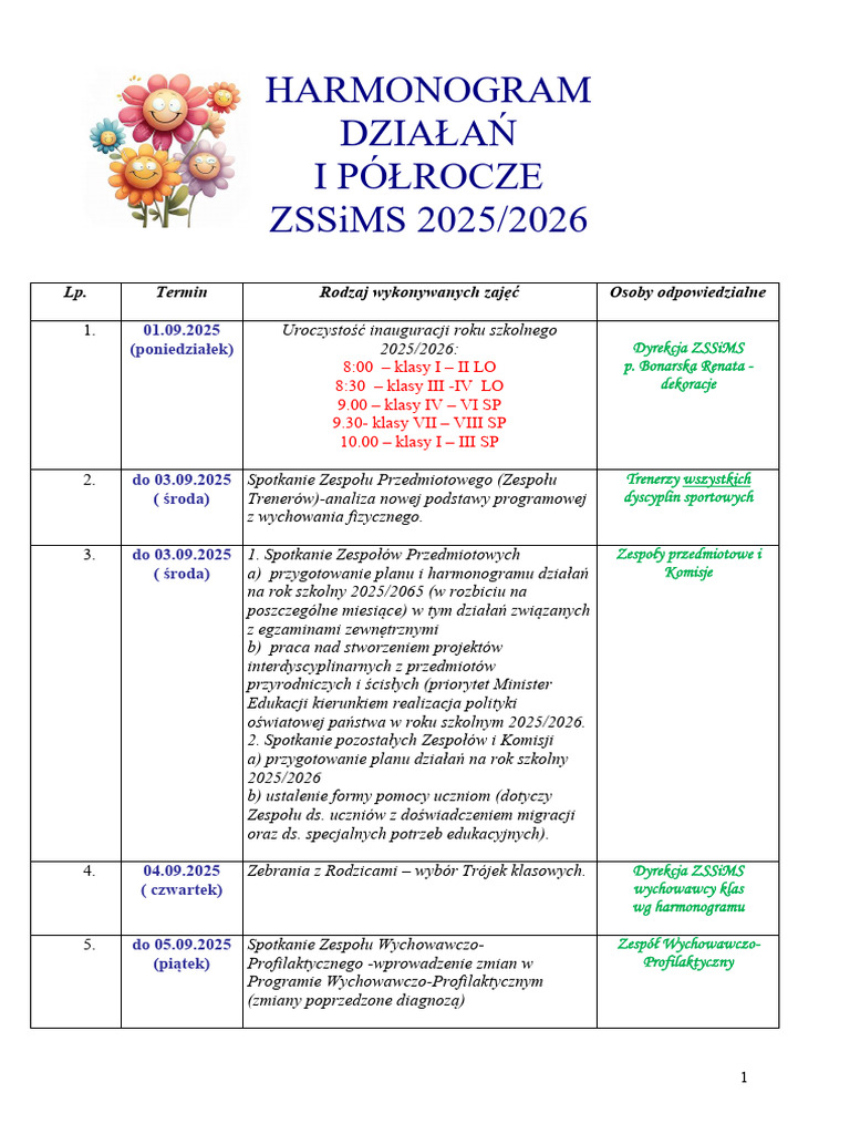 Harmonogram I Polrocze 2025 - 2026 - K | PDF