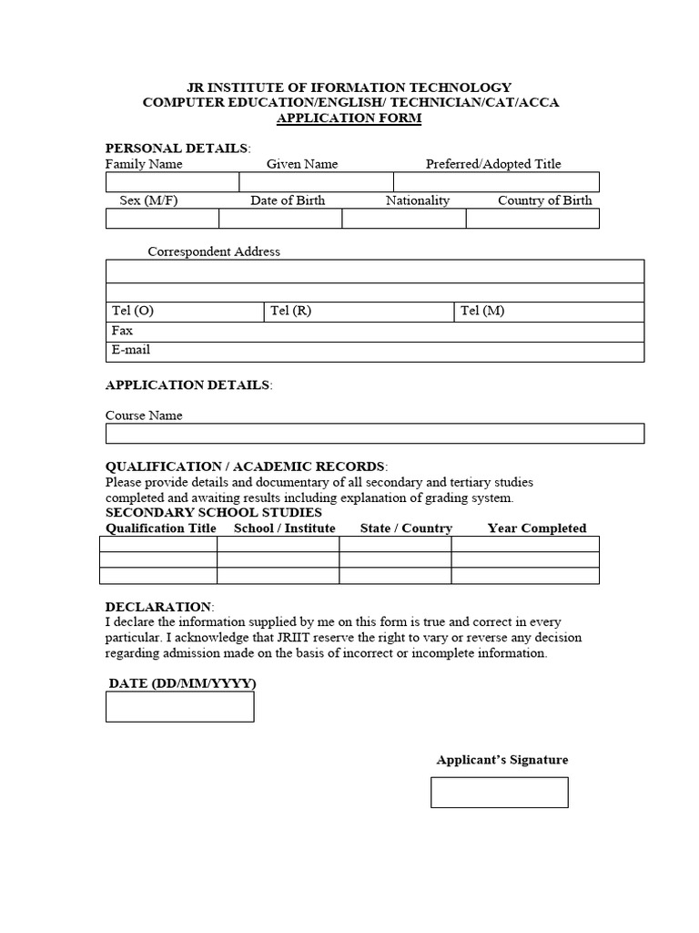 JRIIT Course Application Form | PDF