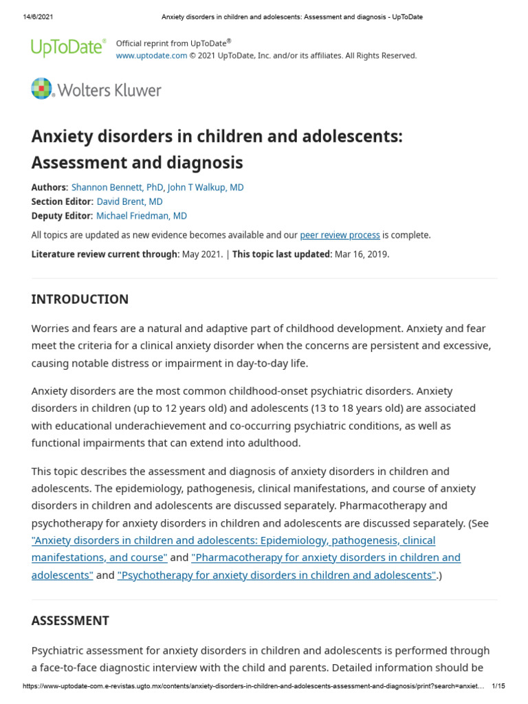 Anxiety Disorders in Children and Adolescents - Assessment and ...