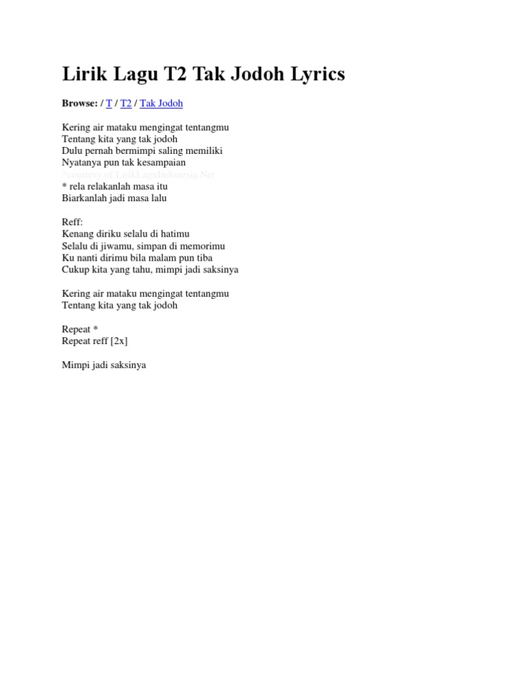 Lirik Lagu T2 Tak Jodoh Lyrics