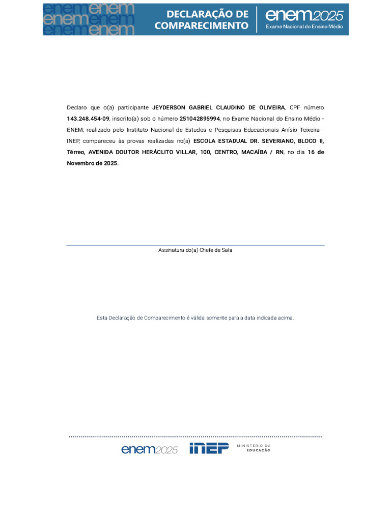 Declaração de Comparecimento ENEM 2025 | PDF