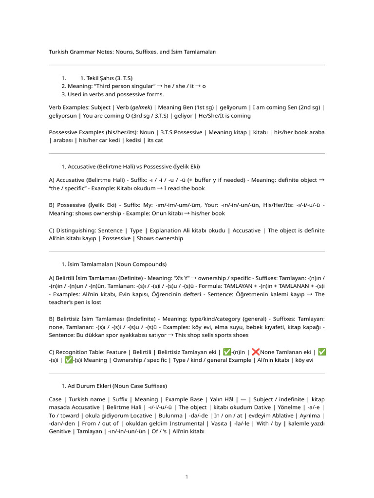 Turkish Grammar Notes | PDF