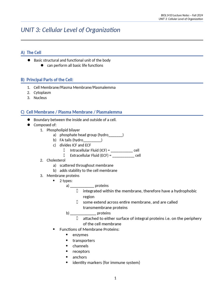 Cellular Organization in BIOL1410 Notes | PDF | Cell Membrane ...