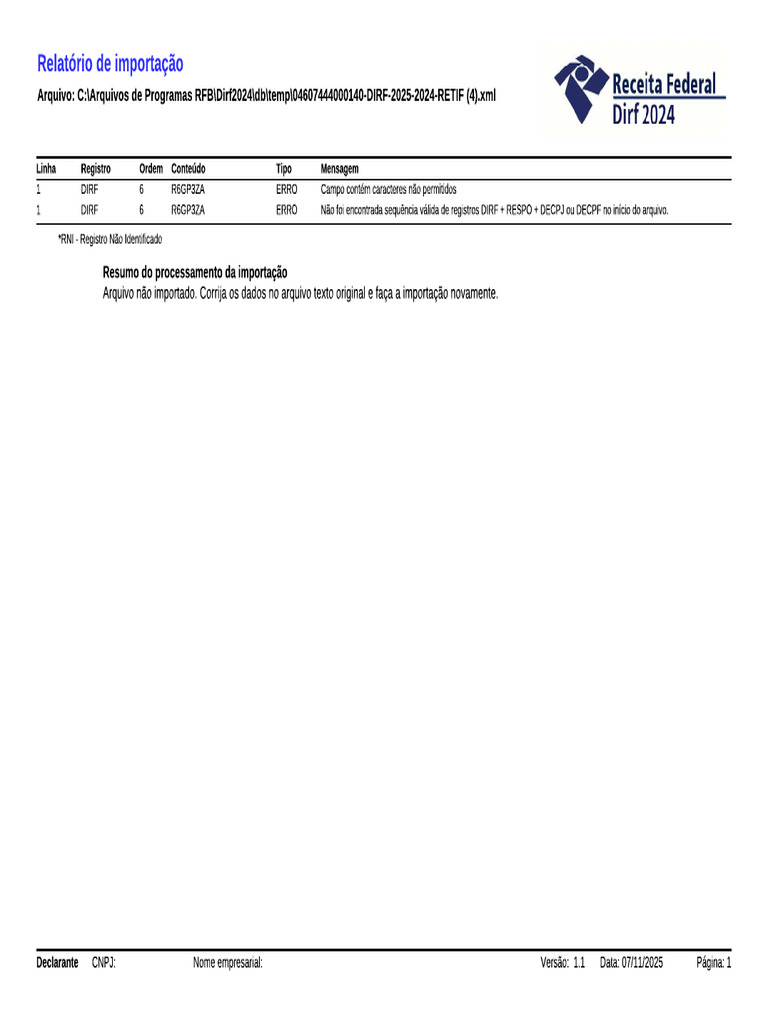 Erro DIRF Rotated | PDF