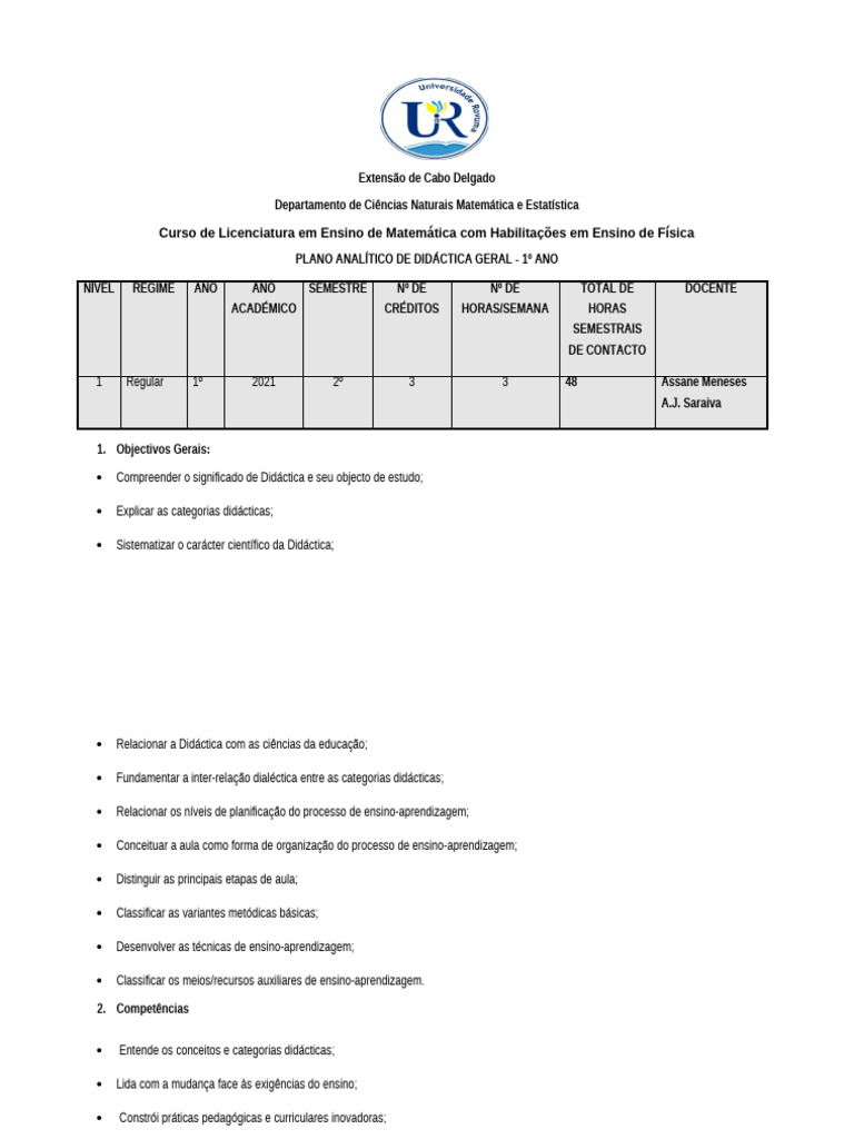 Didática Geral: Plano de Ensino 1º Ano | PDF | Pedagogia | Science