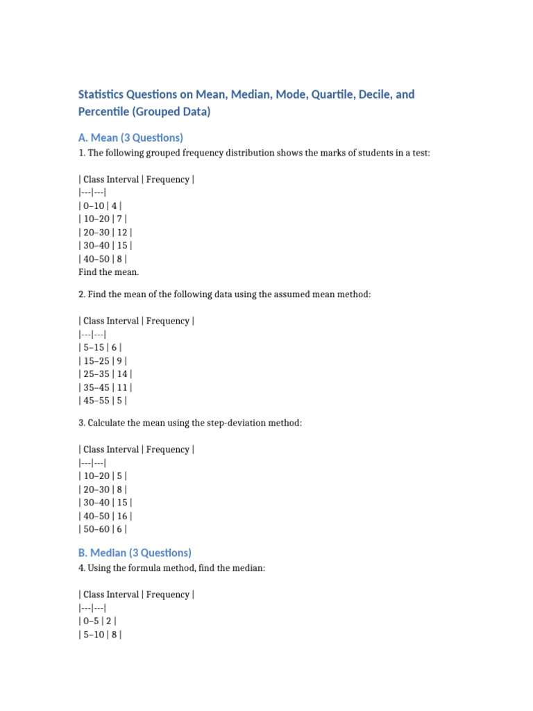 Statistics Questions: Mean, Median, Mode | PDF | Median | Mean