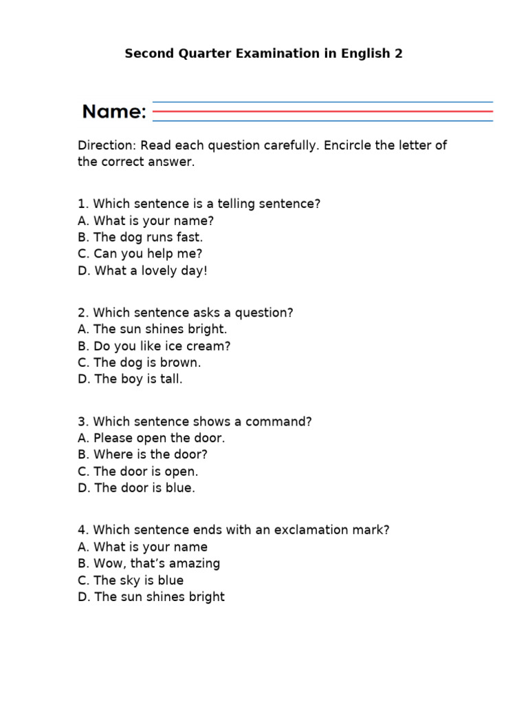 English 2 Q2 Exam Questions & Answers | PDF | Sentence (Linguistics ...