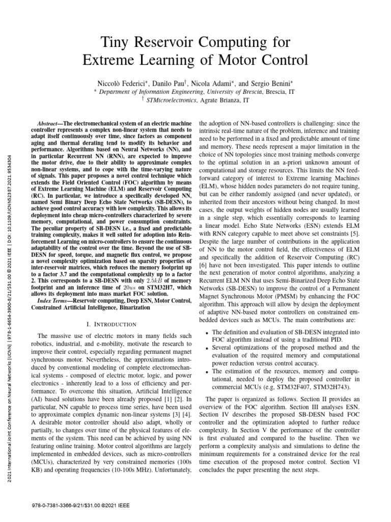 Tiny Reservoir Computing For Extreme Learning of Motor Control | PDF ...
