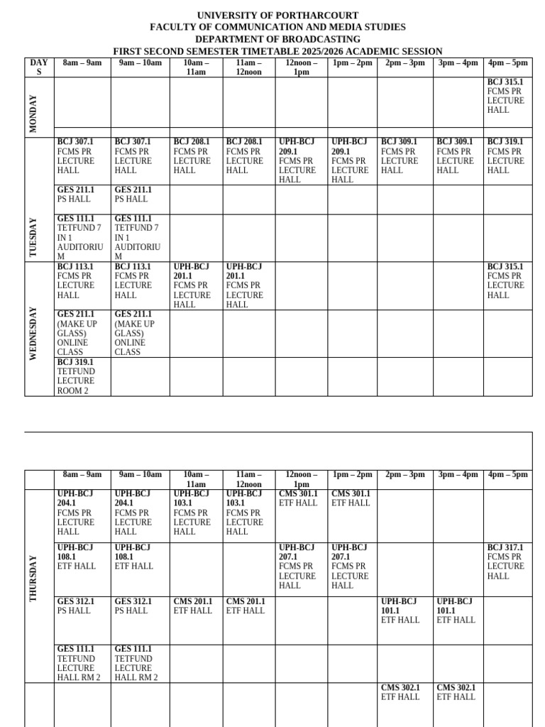 First Semester Broadcasting Time Table 2025-2026 | PDF | Broadcasting ...