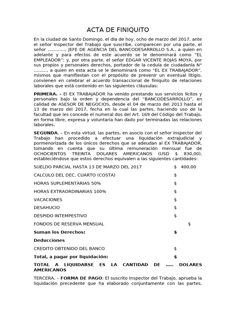 Acta de Finiquito Laboral en Santo Domingo | PDF