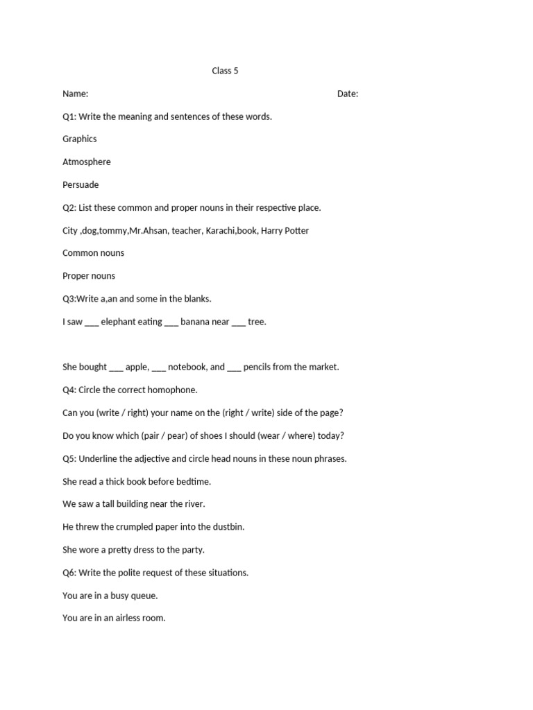 Class 5 English Language Exercises | PDF