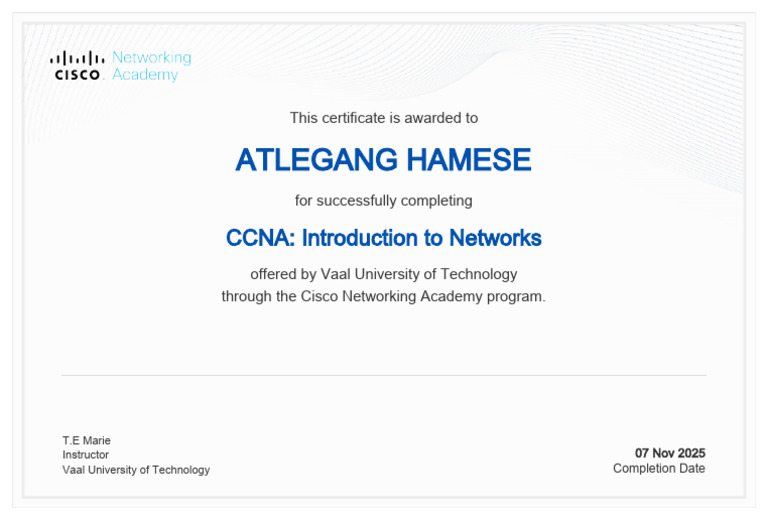 CCNA Introduction To Networks Certificate 225313710 Edu Vut Ac Za ...