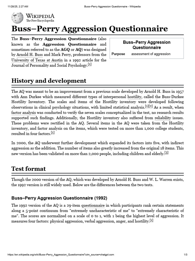 Buss-Perry Aggression Questionnaire - Wikipedia | PDF | Mental Health ...